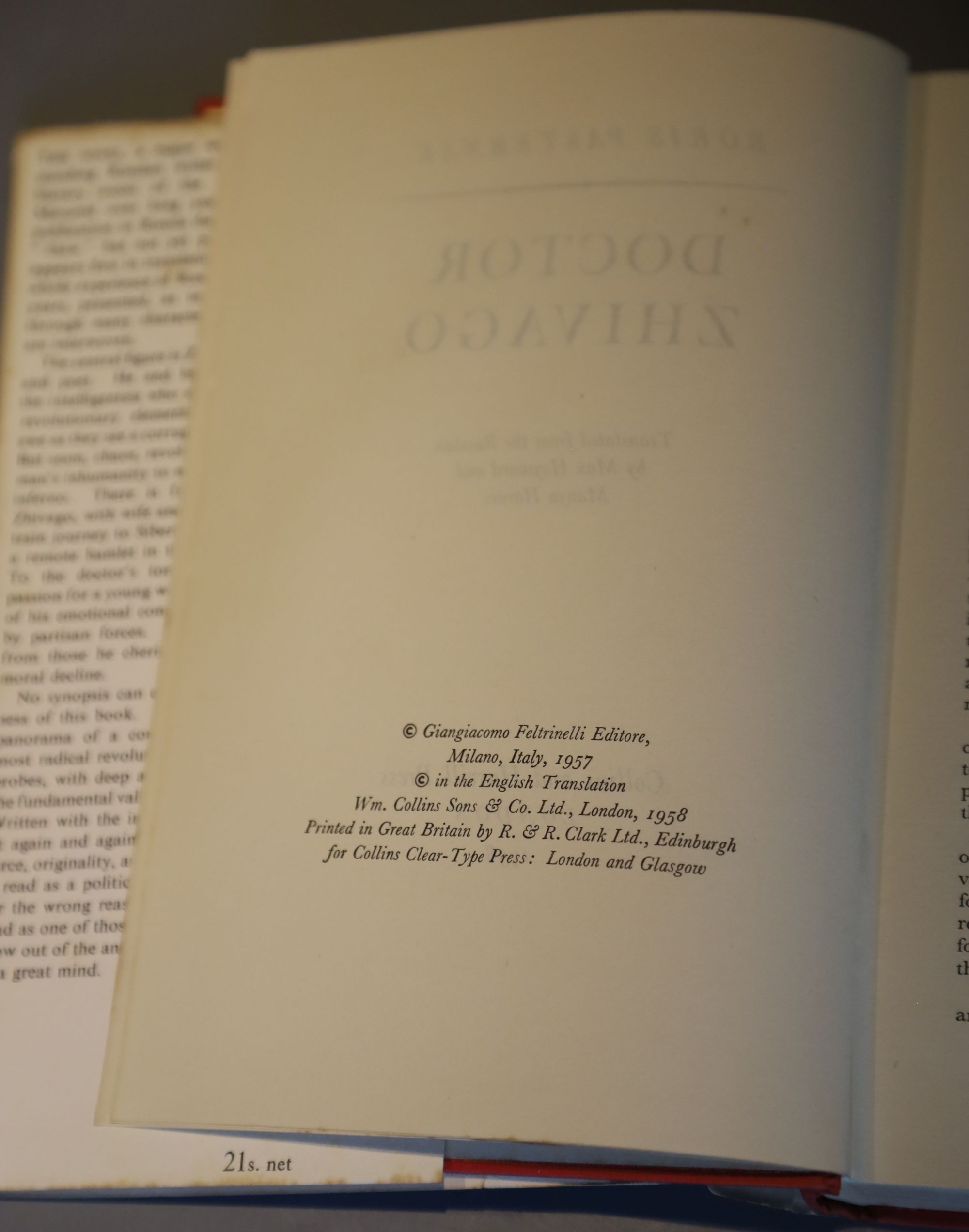 Pasternak, Boris - Doctor Zhivago, 1st edition in English, translated by Max Hayward and Manya Harari, in torn unclipped d.j., London 1